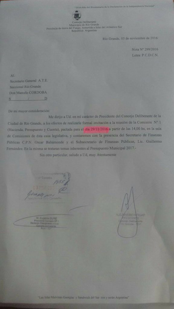 La Asociacion Trabajadores del Estado seccional Rio Grande，en virtud a las acciones gremiales llevadas a cabo el pasado Viernes en el Consejo Deliberante de nuestra Ciudad